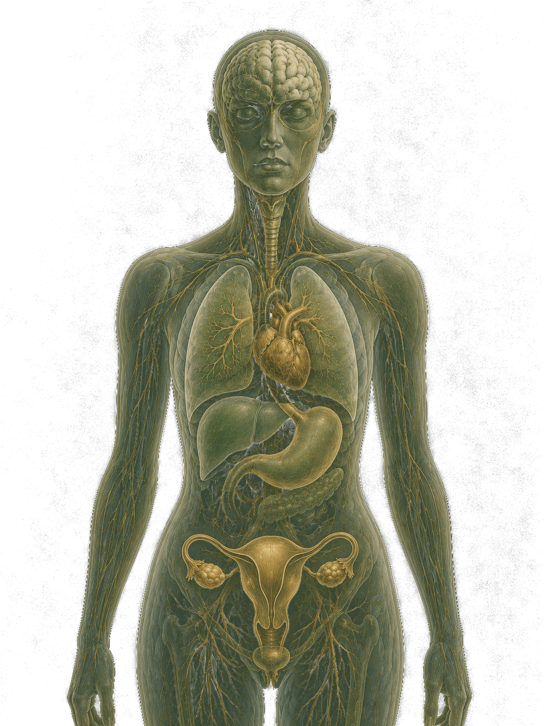 Editorial anatomical illustration of a translucent figure, with fine lines tracing from the mouth to organs throughout the body
