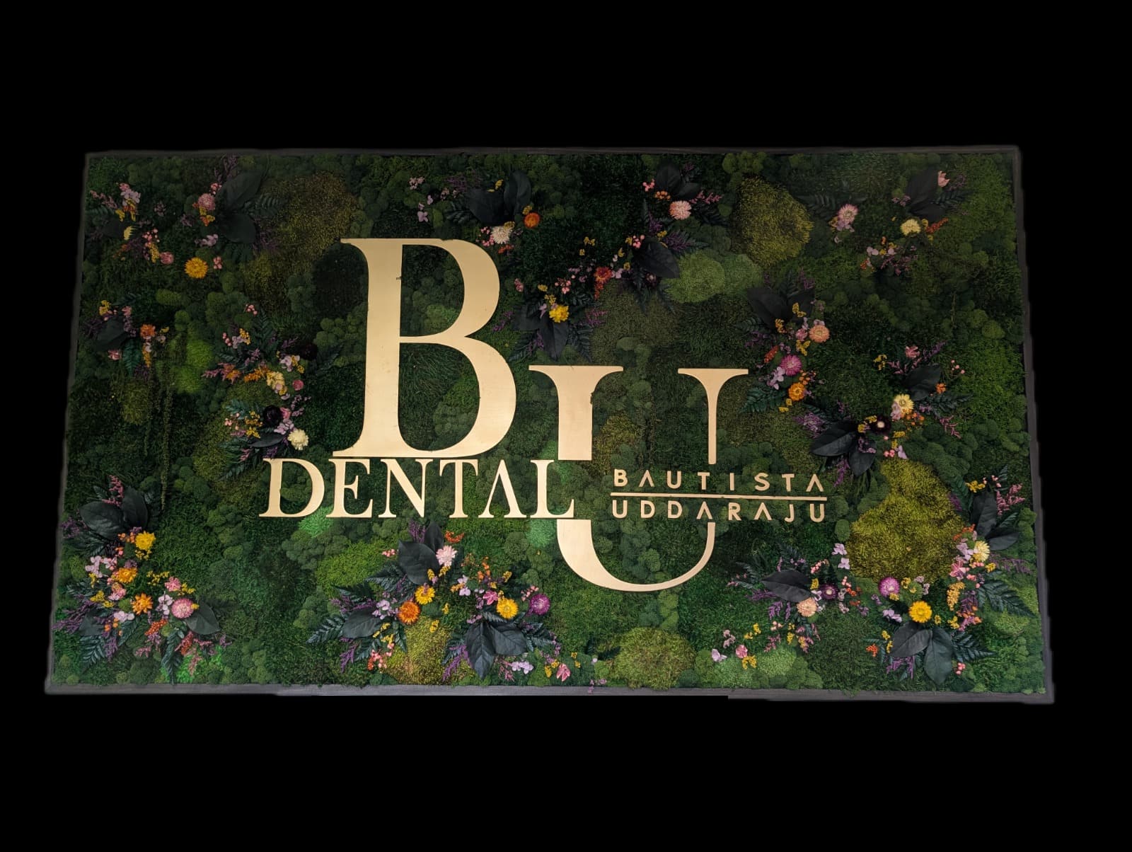 BU Dental living moss wall art in the waiting area, with the gold BU Dental logo